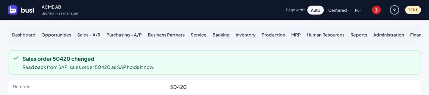 Sales order 50420 changed, read back from SAP