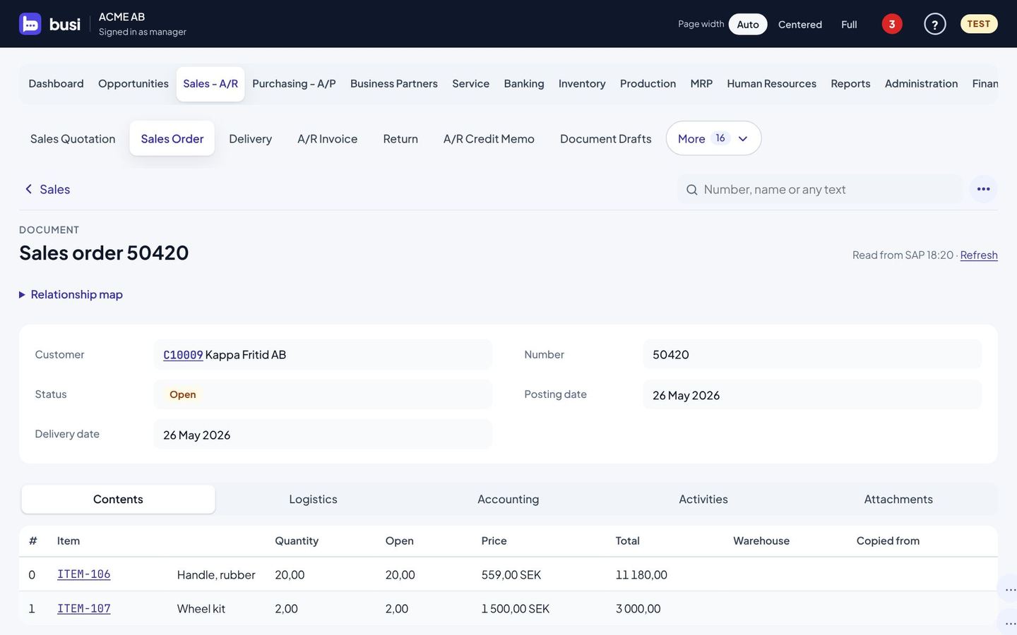 Busi showing sales order 50420 for Kappa Fritid AB, laid out like SAP's own form